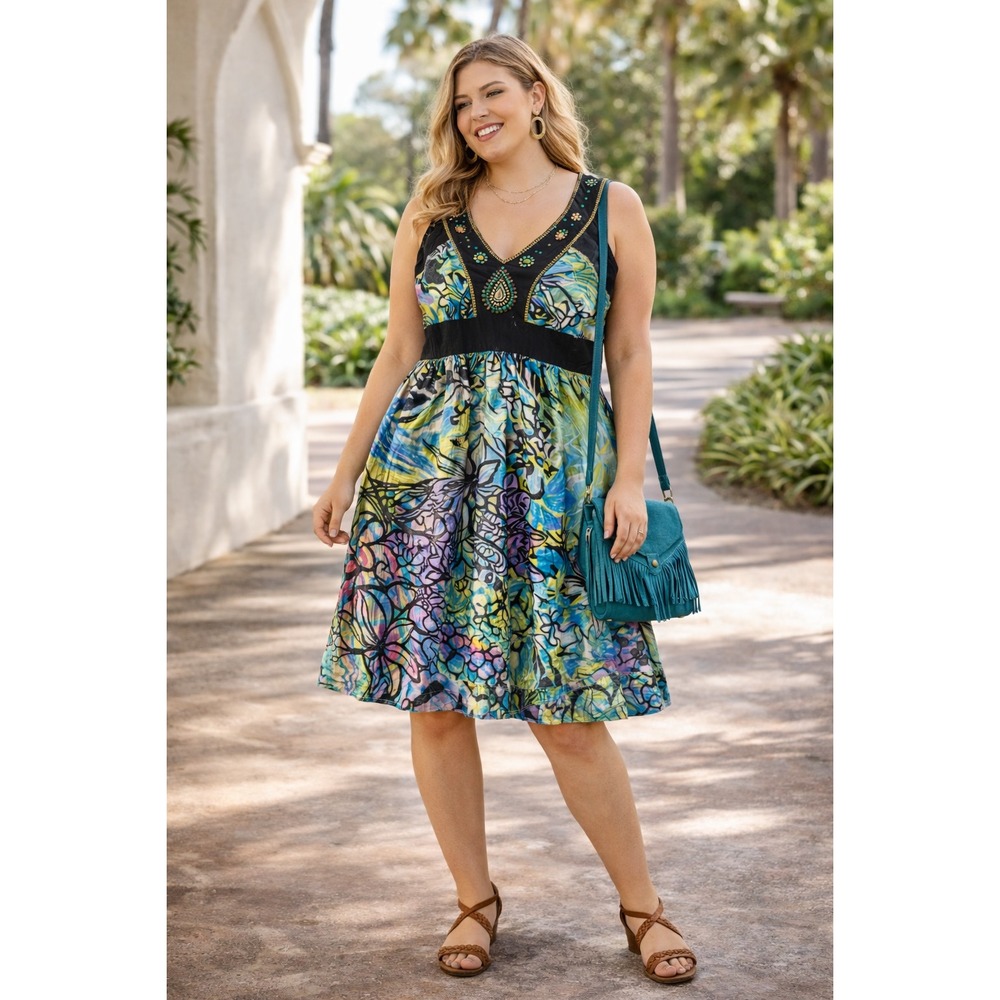 Signature Beaded‎ Boho Midi Dress Size L| Lined Floral Empire Waist